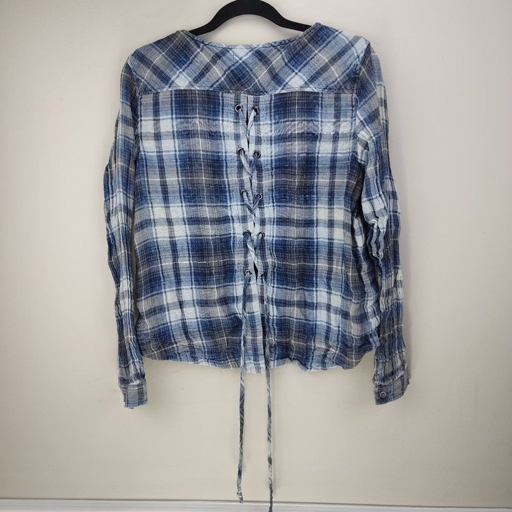 Cloth & Stone Braided Back Blue Plaid Long Sleeve Shirt Size Medium